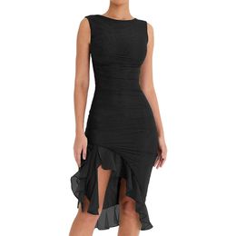 Women Casual Dresses Slim Sleeveless Ruffle Asymmetrical Pencil Dress Sheer Mesh Mini Dresses Clubwear