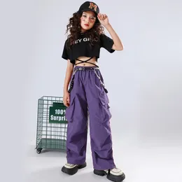 Stage Wear Teenage Girls Jazz Dance Costume Black Short Sleeves Crop Tops Baggy Pants Kids Modern Hip Hop Performance Clothes Outfits