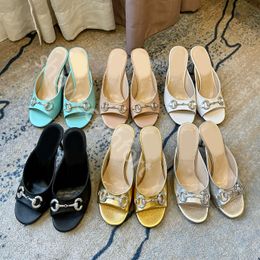 Designer sandals ladies heeled shoes Mach Satin Bow crystal embellished mules Slippers Evening shoes Rhinestone stiletto Heels clear PVC women's heel dermis