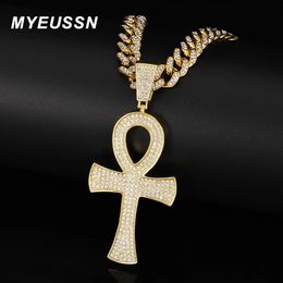 Gold Colour Ice Out Cross Necklace Pendant For Mens Jewellery Zircon Cross Pendant With Cuban Chain Women Egyptian Necklaces Gift 240315