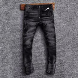 Men's Jeans Streetwear Fashion Men High Quality Retro Black Gray Stretch Slim Fit Spliced Designer Biker Hip Hop Denim Pants