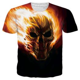 Digital Printed Flame Skull Mens Round Neck T-shirt Hot Selling Casual Trend Short Sleeved Shirt