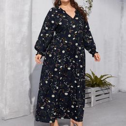 Casual Dresses Long Sleeve Flower Print Maxi Dress Cotton Linen Loose Plus Size For Women 2024 Trendy Elegance Sexy Clothing