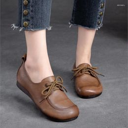 Casual Shoes Johnature Genuine Leather Flats 2024 Autumn Women Retro Handmade Round Toe Shallow Soft Sole Lace-up Solid Color