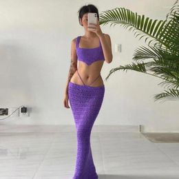 Work Dresses Knit Beach Dress Set For Women Sexy See Through Slim Crop Top And Long Skirt Suit Summer Purple Holiday Two Piece 2024