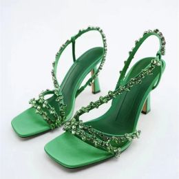 Boots Luxury Rhinestones Rivet High Heels Ladies Sexy Summer Shoes Women's Pumps 2022 New Wedding Party Prom Shoes Sandals Green Blue