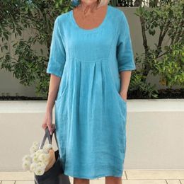 Casual Dresses Women Loose Dress Elegant Vintage Midi For Fit O-neck Half Sleeve Streetwear Spring Summer Solid Colour