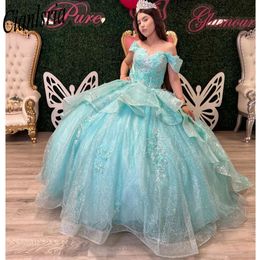 Cute Princess Mint Green Ball Gown Quinceanera Dresses Off Shoulder Flowers Appliques Pearls Luxury Vestidos De 15 Anos Corset
