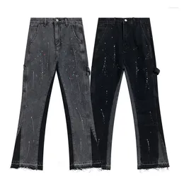 Men's Jeans Trend Brand Vintage Stretch High Street Unisex Artificial Ink Splash Straight Pants Fashion Patchwork Denim Trousers