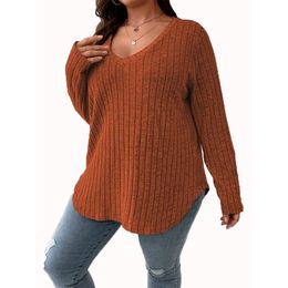 Women Shirts Pullover Tops V-Neck Long Sleeve Ribbed Shirt Casual Blouses Tee Tops Plus Size XL-5XL