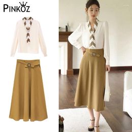 Work Dresses Pinkoz Women Elegant Two Pieces Set Yellow A-line Skirt With Belt Bow Collars Beige Blouse Outfit Vintage Suits OL Clothing