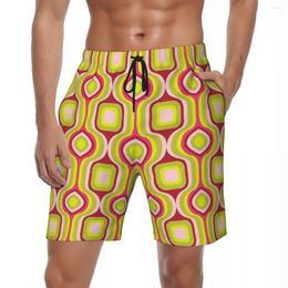 Men's Shorts Retro Geo Print Gym Summer Red And Yellow Sports Fitness Beach Short Pants Males Breathable Large Size Swim Trunks