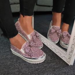Shoes Pink Women Shining Rhinestone Loafers Bowknot Slipon Thick Botton Casual Ladies Crystal Shoes Female Platform Shoes