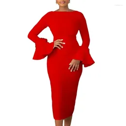 Ethnic Clothing Trendy Solid Colour Flare Sleeves Bodycon Prom Vestidos For Women Elegant Boat Neck Empire Waist Midi Dress Work Office