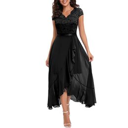 Women V-Neck Casual Dresses Wedding Guest Hi-Lo Floral Lace Prom Cocktail Party A-Line Formal Bridesmaid Dress