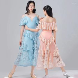 Stage Wear 2024 Ballroom Dance Clothing For Girls V-Neck Shoulder Strap Patchwork Lace Ruffle Set Modern Performance Dress DN17443