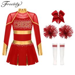 Kids Girls Cheerleading Costume Cheerleader Schoolgirls Uniform Metallic Long Sleeve Dress Hand Flowers Socks Team Dance Outfits 240305