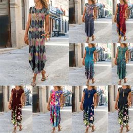 New Short Sleeved Printed Patchwork Long Dress with Elegant Round Neck