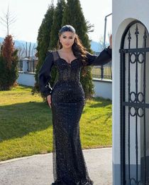 Simple Black Prom Dresses Mermaid Full Sleeves Formal Occasion Dresses Vestidos De Noche Evening Party Dresses Custom Made