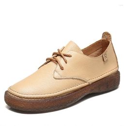 Casual Shoes Women Flat Summer Sewing Thread Cross Strap Front Tie Genuine Leather Driving Slip On Solid Platform Office Career