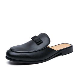 HBP Non-Brand Babouche Homme en cuir Black Leather Dress Shoes Slip On Flat Casual Shoes for Men Dress Leather Half Shoes