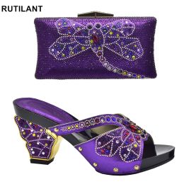 Boots Purple Colour African Matching Shoes and Bags Italian in Women Italian Shoes and Bags to Match Shoes with Bag Set with Rhinestone