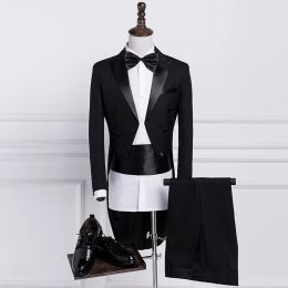 Suits Mens Classic Black White Shiny Lapel Tail Coat Tuxedo Wedding Groom Stage Singer Suits 4 Pcs Set