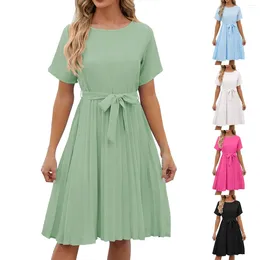 Casual Dresses Women's Solid Colour Round Neck Short Sleeve Lace Up Summer Fashion Swing Dress Tie Waist Midi Cute