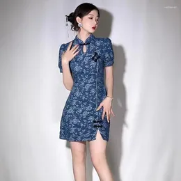 Party Dresses Chinese Style Summer Women Mandarin Collar Short Sleeve Floral Pattern Slim Chipao Denim Dress Woman Placket Cheongsam