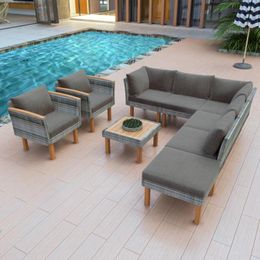 Camp Furniture 9-Piece Rattan Set Outdoor With Wood Legs And Tabletop PE Sectional Sofa Washable Cushion