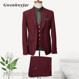 Suits G&N Dark Red Wedding Costume Groom Party Tuxedos Handmade 3 Pieces Set Italian Design Gold Button Suits Peak Lapel Jacket Slim