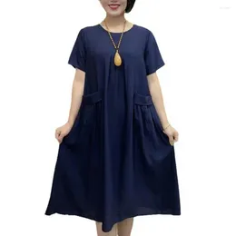 Casual Dresses Women Summer Midi Dress O-Neck Short Sleeve Pockets Solid Color A-line Work Streetwear