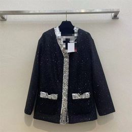 Vinatge 2024 Black V Neck Sequins Women's Coat Long Sleeves Buttons Women's Cardigans Designer High End Women Coats 31718