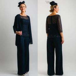 Navy Beaded Mother Of The Bride Pant Suits Sheer Bateau Neck With Long Sleeves Jackets Wedding Guest Dress Plus Size Mothers Groom set