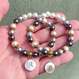 Charm Bracelets Natural Shell Pearl Beads Bracelet A-Z Initial Alphabet 26 Letter For Women Men Name Bangles Jewellery Gift