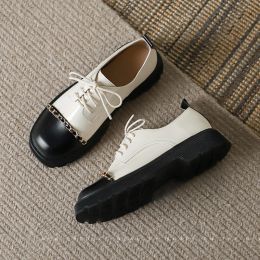 Boots Ins Mixed Colours laceup oxford shoes female flats square toe thick heels loafers metal chain small leather shoes for women 2021
