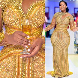 Aso Ebi Gold Mermaid Prom Dress Luxurious Beaded Crystals Evening Formal Party Second Reception Th Birthday Engagement Gowns Dresses Robe De Soiree ZJ