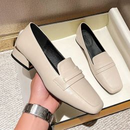 Boots British Small Leather Shoes Women Flats Shallow Slip on One Band Loafers Square Toe Thick Heels Oxfords Female Large Size 3443