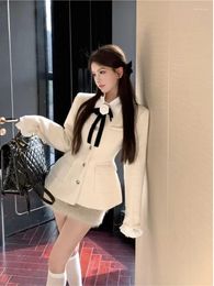 Work Dresses 2024 Winter Elagant Korean Rich Girl Style Tweed Suit Set With Floral Jacket And Faux Fur Patchwork Pleated Skirt For Women