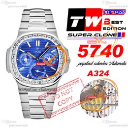 5740 Perpetual Calendar A324SC Automatic Mens Watch TWF Diamonds Bezel Blue Texture Dial Stainless Steel Bracelet Super Edition Reloj Hombre Puretimewatch PTPP