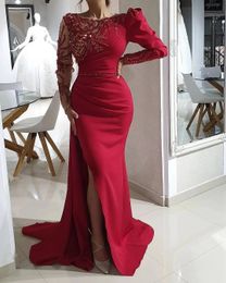 dark red Arabic Aso Ebi Sexy Mermaid Evening Dresses Long Beaded Prom Dresses side slit Long Sleeves Formal Party Second Reception Gowns