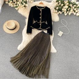 Work Dresses Autumn Vintage Velvet Blazer Metallic Long Tulle Skirt Set O Neck Outerwear A-line Fluffy Golden Mesh 2-PC Clothing