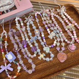 Keychains Sweet Women Key Strap Pink Purple Heart Korean Mobile Phone Chain Acrylic Cute Beads Chic Handmade Accessaries Jewelry 2024