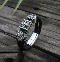 Charm Bracelets Viking Slavic Cowhide Bracelet Men Black Braided Leather Cuff Stainless Steel Magnetic Clasp 100 Genuine Bangles14319770