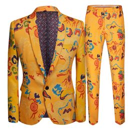 Fashion Mens Yellow Casual BoutiqueChinese StyleCrane Print Suit Jacket Blazers Man Coat Mens Wedding Dress Top 240309