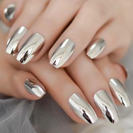 False Nails Coffin Shiny Punk Metallic Silvery White Ballerina Fake Metal Plating Reflective Mirror Press On Finger Nail Tips