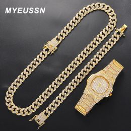 Iced Out Watch 3PCS Hip Hop Luxury Watches Jewelry Set Mens Women Watch Necklace Bracelet Bling Cuban Link Chain Choker Gift 240315