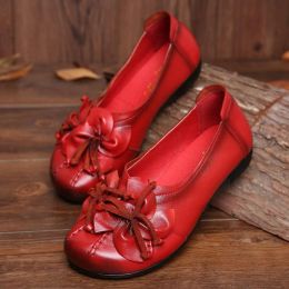 Boots 2022 New Autumn Women Flats Genuine Leather Shoes Women Casual Loafers Flower Flat Heel Shoes Soft Outsole Handmade Flats Women