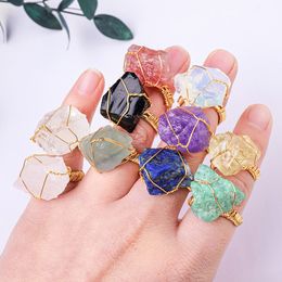 Natural crystal irregular rough stone ring amethyst Pink crystal green fluorite hand wound ring for women