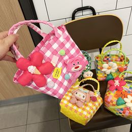 Kids Colourful checkerboard weaving handbags girls flower rabbit bear applique beach Tote bag children cartoon vegetable basket Z2015